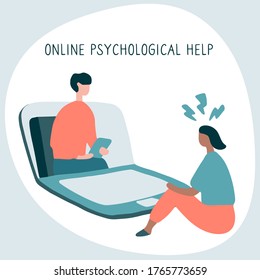 Woman at the psychologist online session. Doctor consultation by phone. Video call to psychiatrist. Online psychological therapy. Flat graphic