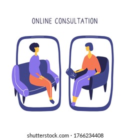 Woman at the psychologist online session. Doctor consultation by phone. Video call to psychiatrist. Online psychological therapy. Hand drawn doodle vector graphic