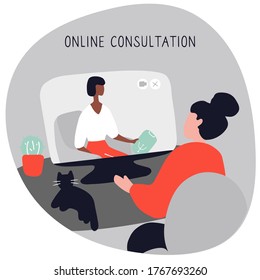 Woman at the psychologist online session. Doctor consultation by phone. Video call to psychiatrist. Online psychological therapy. Hand drawn doodle vector graphic