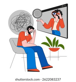 A woman psychologist. Psychotherapy online session or remote psychological consultation. Sad, frustrated guy vector character.