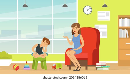 Woman Psychologist Talking with Crying Little Boy Vector Illustration