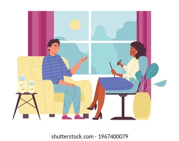 Woman psychologist talking unhappy young man having problem. Doctor psychotherapist having session consultation with patient. Flat vector illustration isolated on white