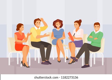 Woman psychologist working with a group of people. Group therapy and support. Vector illustration svg