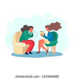 Woman psychologist writes patients story, psychiatrist accepts a crying patient. Psychotherapy concept vector illustration.