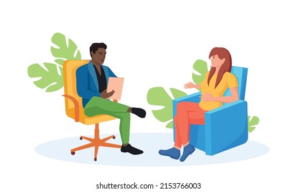 a woman at a psychologist's appointment or at an interview with an employer.
Cartoon people vector illustration
