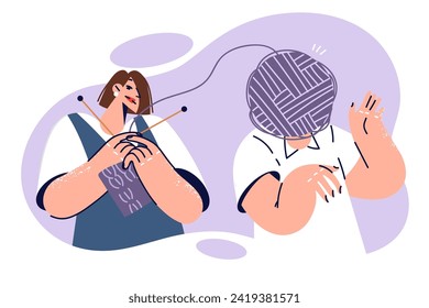 Woman psychotherapist helps man unravel complex mental problem and knits located near patient with threads instead head. Girl works as psychotherapist solving people problems and relieving depression