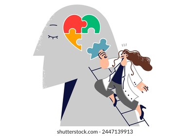 Woman psychotherapist helps restore psychological health of patient by assembling heart from puzzle in head of sick person. Girl psychotherapist provides mental assistance and restores memories