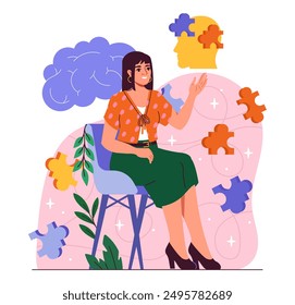 Woman with psychotherapy. Young girl with self diagnosis and rehabilitation. Mindfulness and awareness. Mental and psychological health. Flat vector illustration isolated on white background