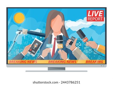 Woman public speaker. Live report. Hands of journalists with microphones and digital voice recorders. Press conference concept, news, media, journalism. Vector illustration in flat style