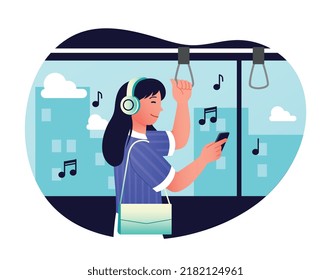 Woman in public transport. Young girl with smartphone and headphones rides on bus and listens to music. Playlist with favorite songs. Gadgets and devices, player. Cartoon flat vector illustration