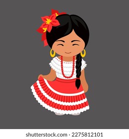 Woman in Puerto Rico national costume. Puerto Rican girl in traditional ethnic dress. Latin American female character. Flat vector illustration.