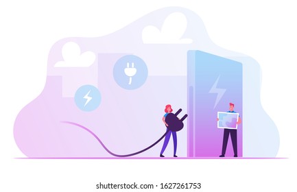 Woman Pull Huge Plug to Outdoors Charger. People Using Eco Transport with Electricity Power Concept. Environment Ecology Protection, Electro Car, Green Technology. Cartoon Flat Vector Illustration
