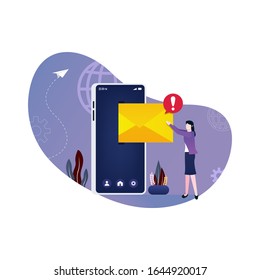 woman pull out mail from smartphone concept. Working process, New email message, mail notification. Social network. New incoming message, sms, spam. email marketing. vector illustration