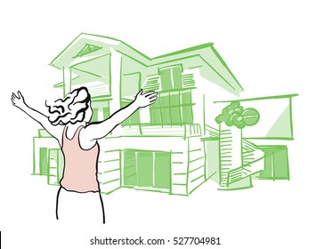 Woman is pulling arms upwards in front of dream house, hand drawn vector outline drawing black pen on white ground

