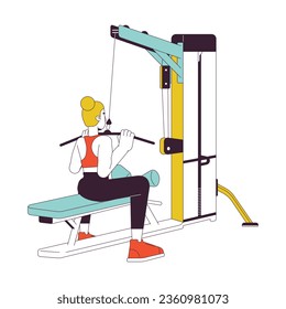 Woman pulling bar down on lat pulldown machine flat line color vector character. Editable outline full body person on white. Build stronger back simple cartoon spot illustration for web graphic design