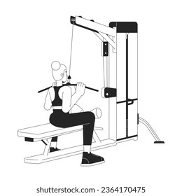 Woman pulling bar down on lat pulldown machine flat line black white vector character. Editable outline full body person. Build stronger back simple cartoon isolated spot illustration for web design