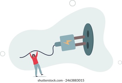 woman pulling electric cord to unplug to save money or for ecology power.flat vector illustration.