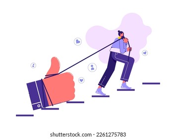 Woman pulling heavy thumbs up icon of social media up stair case. Flat modern concept vector illustration of online networking