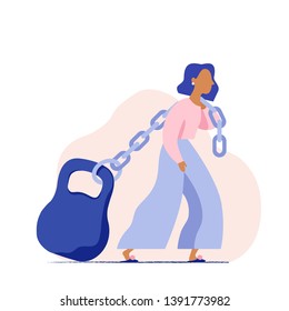 Woman Pulling A Heavy Weight On A Chain. Concept Of A Woman's Heavy Social Load. Woman Carrying Huge Weight. Business Woman Struggling With Mortgage. Flat Vector Illustration.