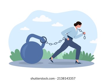 Woman pulling kettlebell. Businesswoman fighting, strong woman metaphor and feminism. Character overcomes adversity. Hardworking employee carrying huge weight. Cartoon flat vector illustration