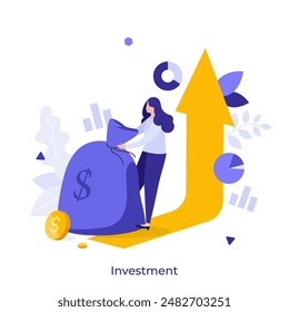 Woman pulling large sack of money to red arrow. Financial prosperity reaching. Investment concept flat vector illustration. Income finances for entrepreneur cartoon character color composition