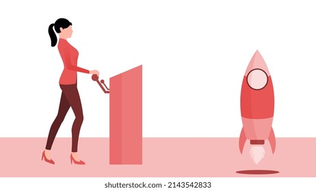 woman pulling lever to launch the rocket, startup concept vector, business character illustration on white background. 