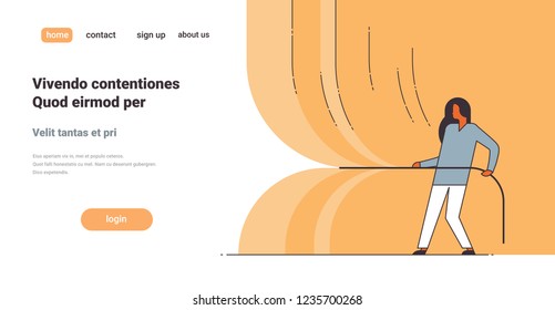 woman pulling rope opening grand ceremony celebration business event presentation ready to start concept female cartoon character full length line horizontal copy space