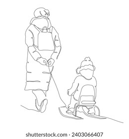 Woman pulling snow scooter with sitting child in snow winter season. Rear view. Continuous line drawing. Black and white vector in line art style.