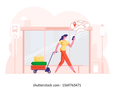Woman Pulling Trolley with Luggage Pass By Bus Stop Watching on Mobile Phone Screen with Map and Location Marker Geo Tag Gps Pointer. Online Navigation App Concept. Cartoon Flat Vector Illustration