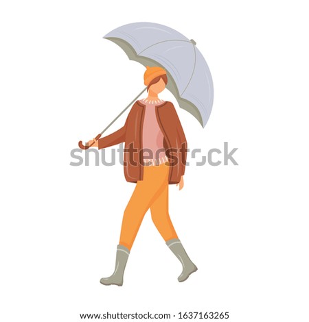 Woman in pullover and jacket flat color vector faceless character. Walking caucasian lady in gumboots. Wet weather. Female with umbrella in hand isolated cartoon illustration on white background