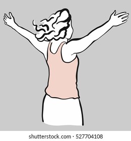 Woman pulls arms upwards as a sign of freedom, hand drawn vector outline drawing black pen on white ground