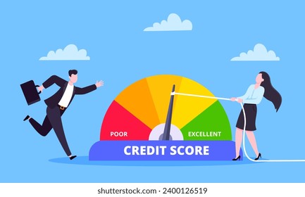 Woman pulls credit score arrow gauge speedometer indicator with color levels. Measurement from poor to excellent rating for credit or mortgage loans concept flat style design vector illustration.
