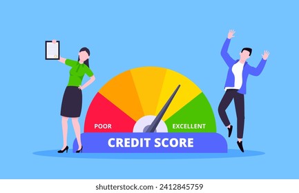 Woman pulls credit score arrow gauge speedometer indicator with color levels. Measurement from poor to excellent rating for credit or mortgage loans concept flat style design vector illustration.