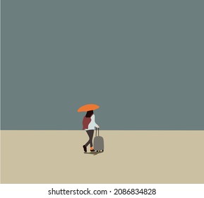 Woman pulls luggage and carries an umbrella go on journey. Travelers in various activity with luggage and equipment. Vector illustration.