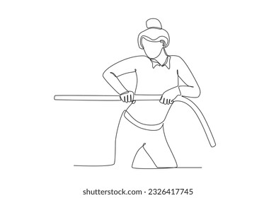 Una mujer tira una cuerda. Dibujo de una línea de obstáculo de trabajo