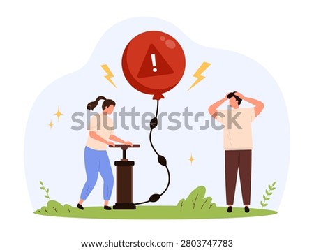 Woman pumping big warning balloon near anxious man, metaphor for growing stress, tension and overthinking mental health problems, flat cartoon style isolated on white background vector illustration