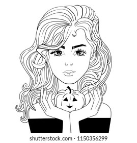 Woman with pumpkin Vector. Cartoon. Isolated art on white background. Flat