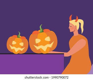 Woman with pumpkins at the table, copy space template. Flat vector stock illustration. Halloween pumpkin face. Backdrop for overlay or design. Halloween decor. Illustration with place for text