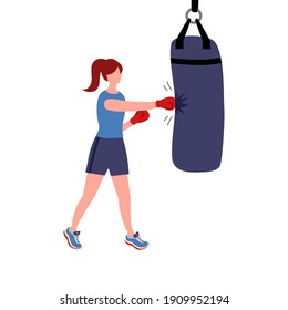 Woman punching sandbag in flat design. Muaythai boxing training concept vector illustration on white background.