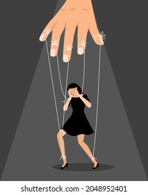 Woman puppet doll. Master puppeteer with girl toy on ropes, women relationships manipulation vector concept, business hand controling and manipulating, marionette in black dress illustration