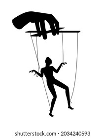 Woman puppet. Female person marionette manipulation, business puppeteer hand manipulate concept, male domination, control abuse exploitation, moral ethic dictate girl doll silhouette on white