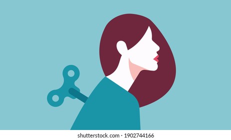 Woman with puppet key in. Concept of hardworking. The key for mechanical toy is in the back of  young woman.