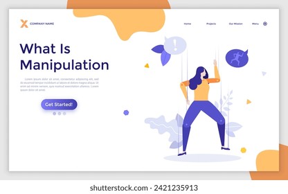 Woman, puppet or marionette hanged and moved by strings. Concept of control and manipulation, affect and influence, power over human behavior. Modern flat vector illustration for banner, poster.