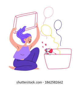 Woman with puppy cartoon. A young girl with blue hair happily opens the box, and in it is a cheerful puppy with long pink ears. Balloons fly out of the gift box. The Vector stock illustration isolated