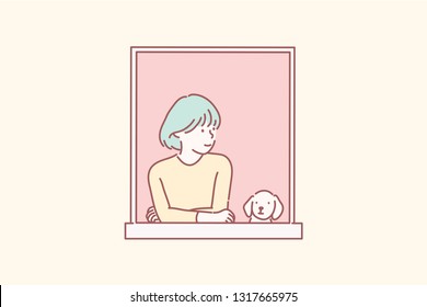 The woman and the puppy are looking out the window in a happy mood. Hand drawn style vector design.