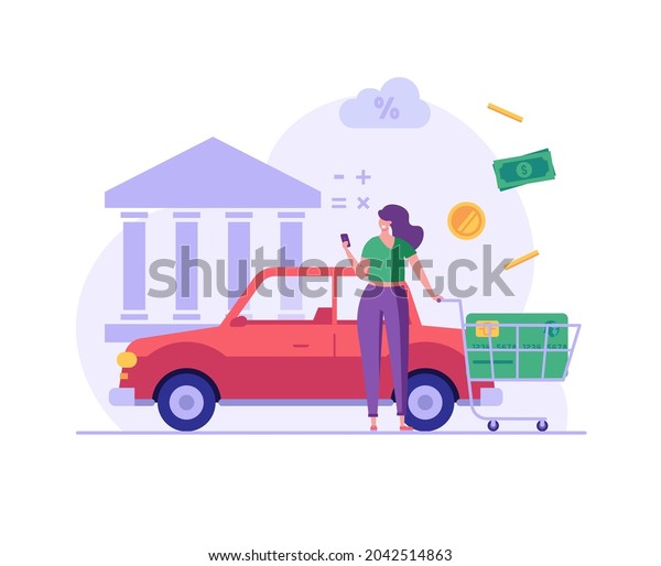 Woman purchases car with bank loan. Happy client\
buying new automobile on motor credit. Concept of auto credit, car\
loan, auto finance, banking products. Vector illustration in flat\
for web banner