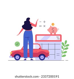 Woman purchases car with new keys. Happy client buying new automobile. Car credit. Concept of auto loan, car buying, auto finance, calculator. Vector illustration in flat design for web banners, UI