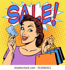 A woman purchases discounts credit card sale. Goods shops buyer girl retro style pop art