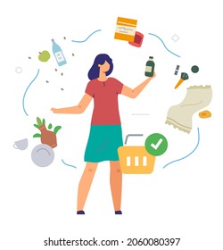 woman purchases goods for the house, home, care, rest, leisure set of icons, illustration. Smartphones tablets user interface social media.Flat illustration Icons infographics. Landing page site print