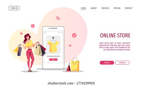 Woman With Purchases And Phone. Clothing Store, Online Shopping, Mobile Marketing, E-commerce Concept. Vector Illustration For Poster, Banner, Website, Commercial.